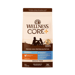 Wellness CORE+ Hairball dry cat food bag highlights grain-free chicken formula for vitality
