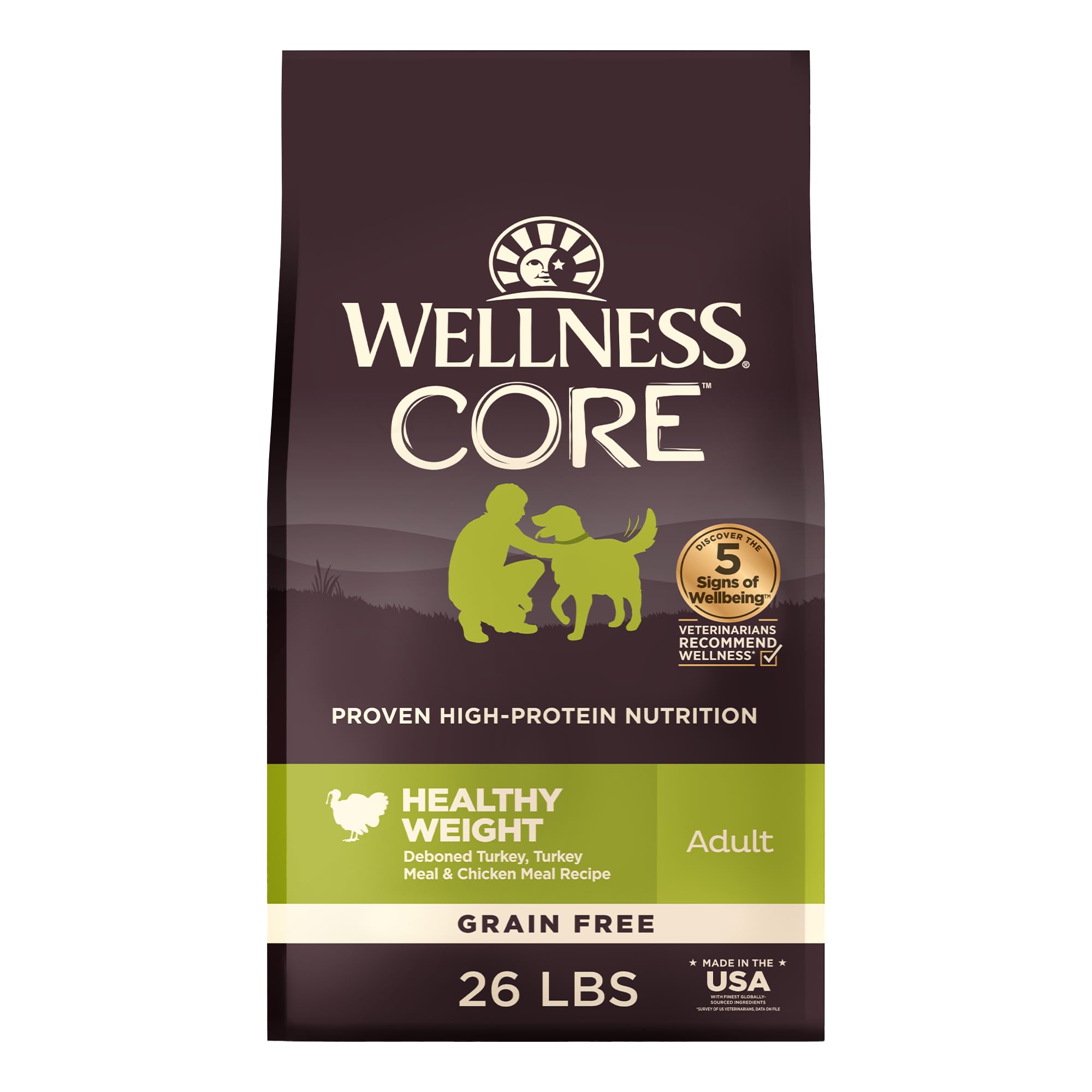 Wellness CORE Healthy Weight bag front view highlighting grain-free formula and high protein