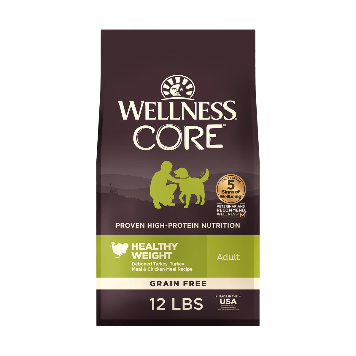 Wellness CORE Healthy Weight bag front showing grain-free, high-protein formula for adult dogs