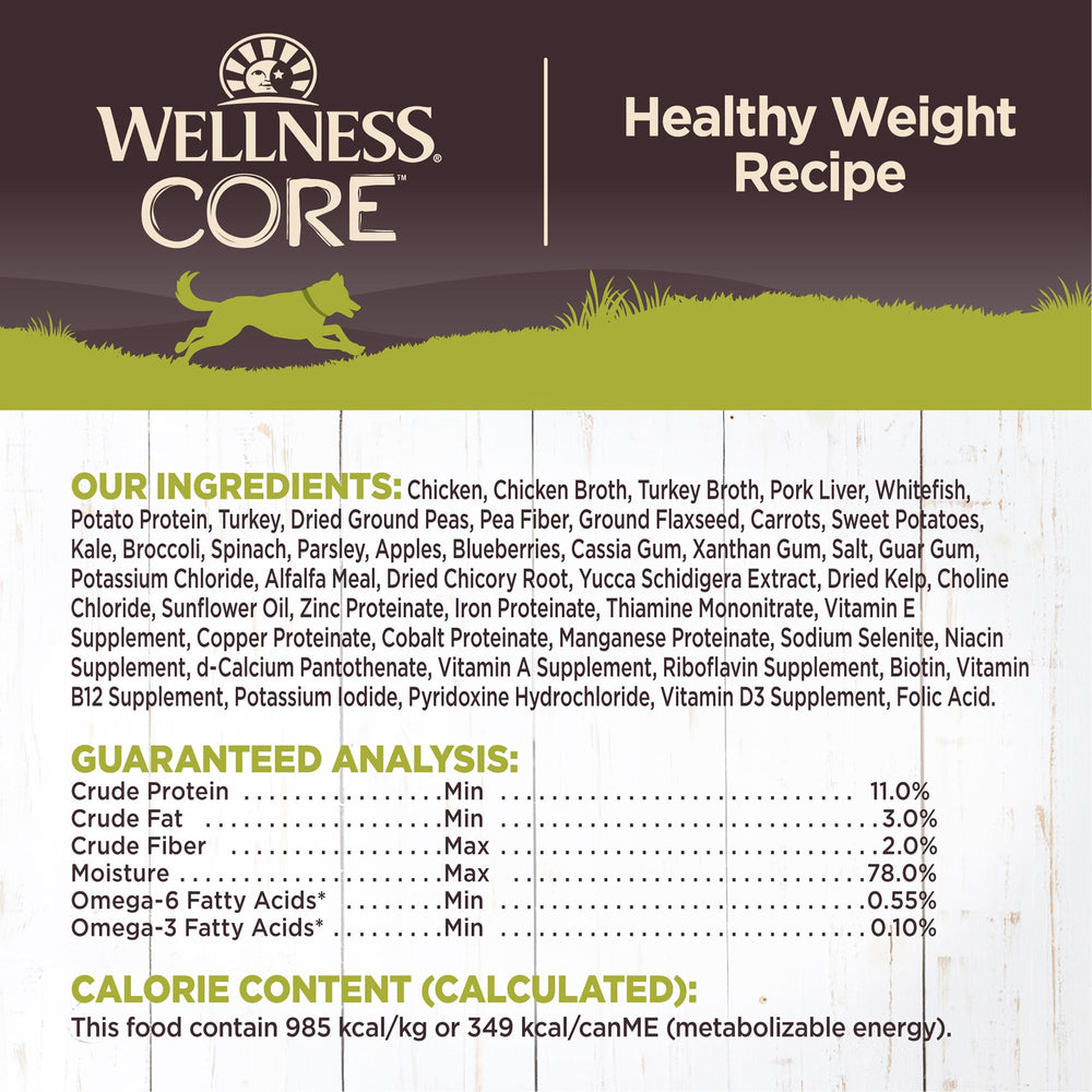 Wellness CORE Healthy Weight Pate ingredients visual shows chicken and whitefish proteins