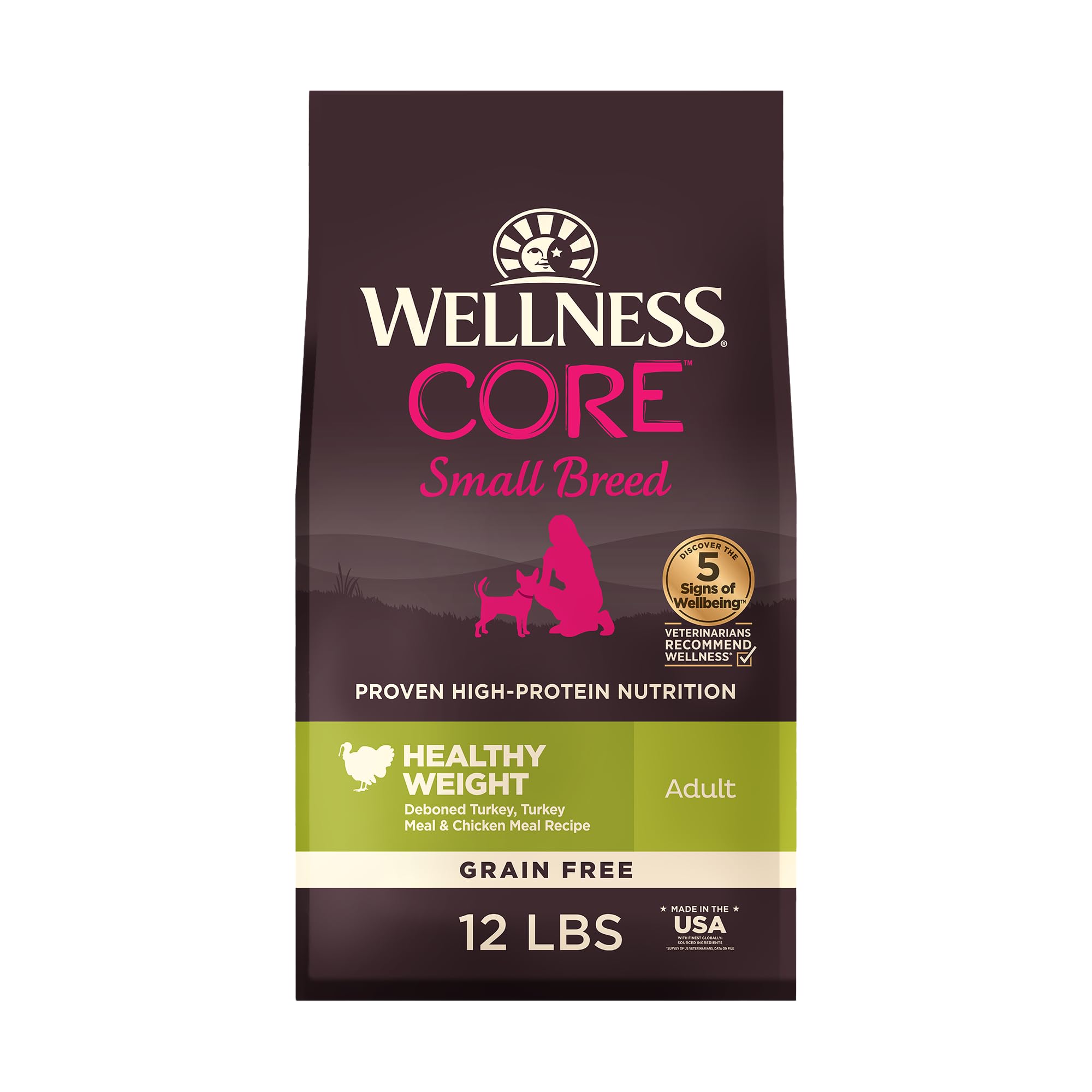 Wellness CORE Healthy Weight small-breed bag shows weight-management features.