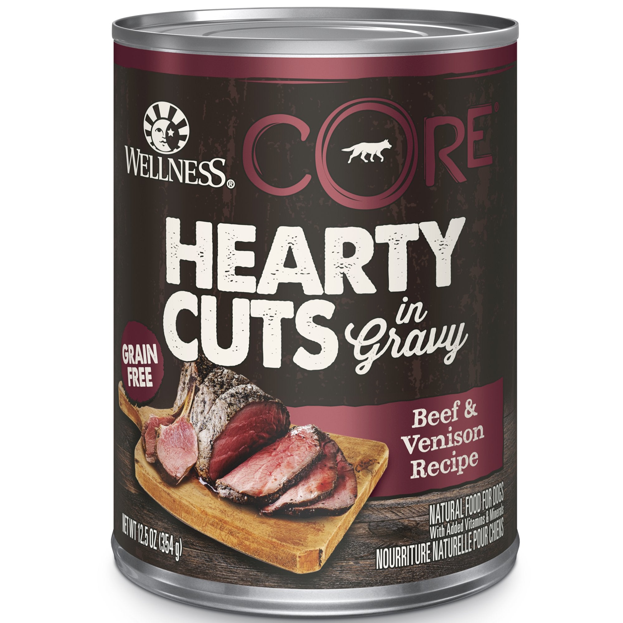 Wellness CORE Hearty Cuts beef-venison chunks in gravy for protein-rich texture.