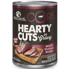 Wellness CORE Hearty Cuts beef-venison chunks in gravy for protein-rich texture.