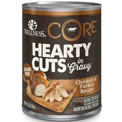 Wellness CORE Hearty Cuts chicken and turkey in gravy for a protein-rich adult dog meal.