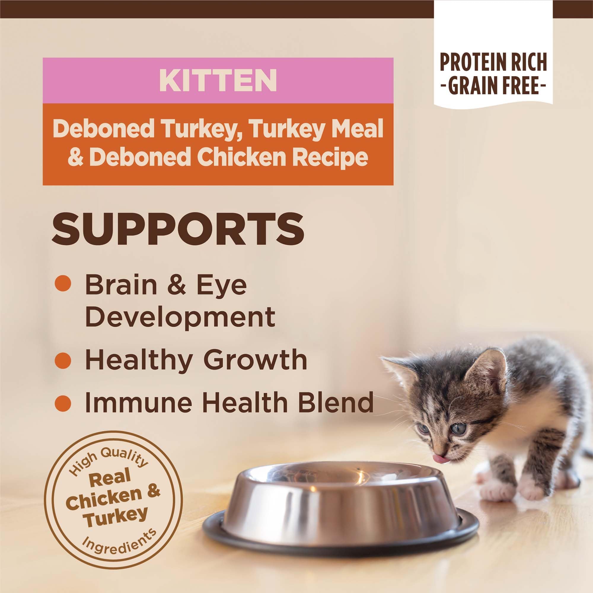 Wellness CORE kitten kibble bowl scene, grain-free recipe supports healthy digestion.