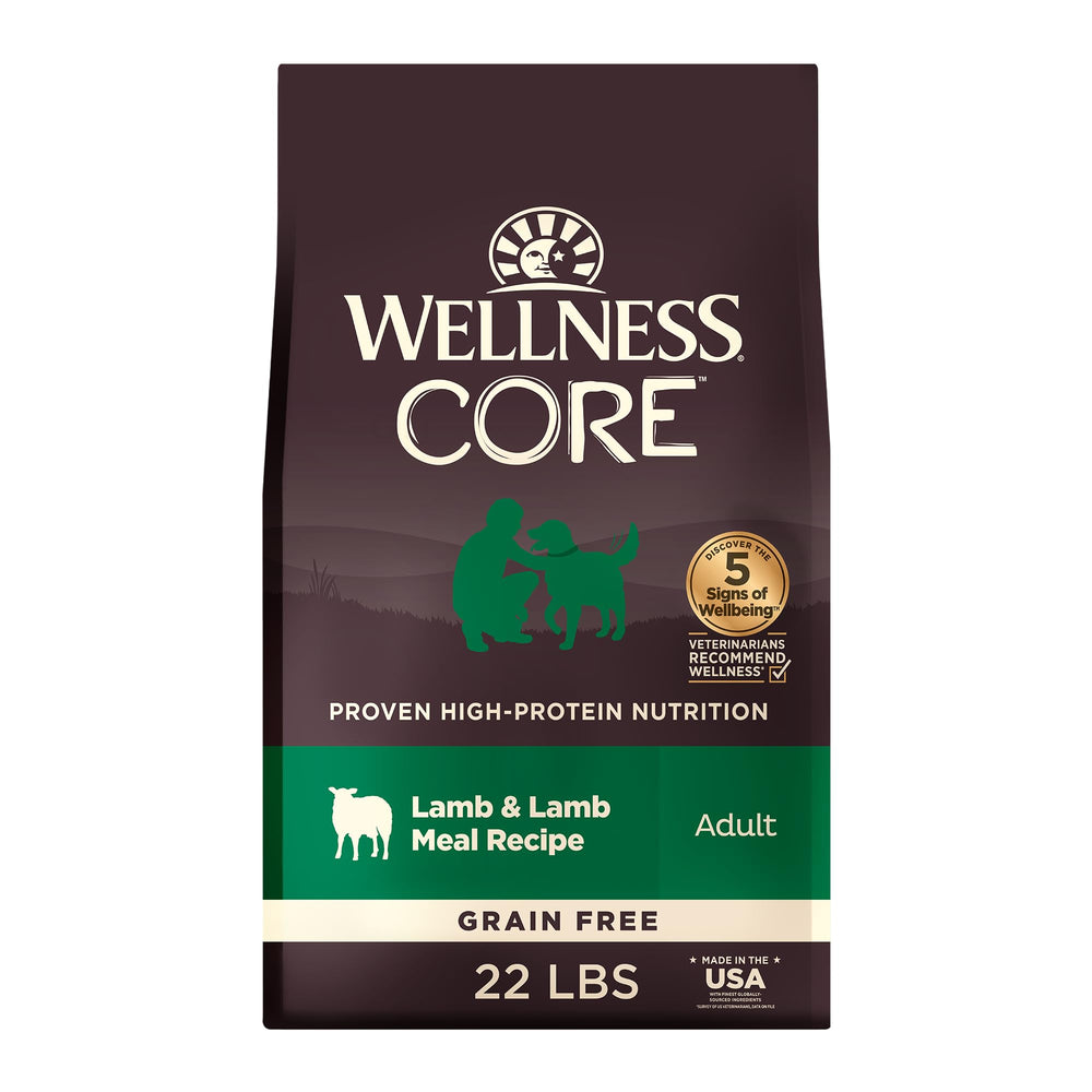 Wellness CORE Lamb Recipe bag displaying grain-free adult dog food for lean muscle