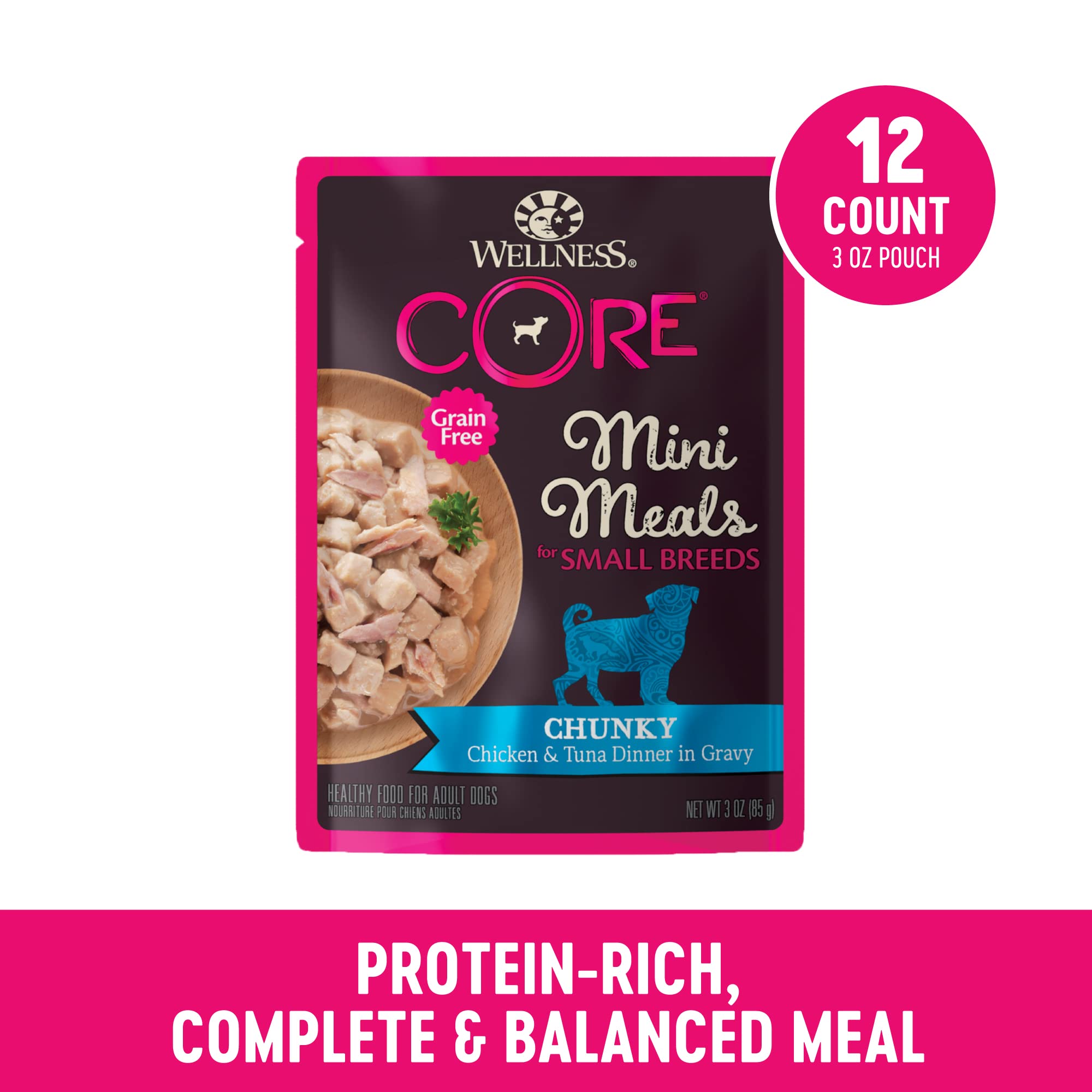 Wellness CORE no-mess pouch open for easy portioned feeding.