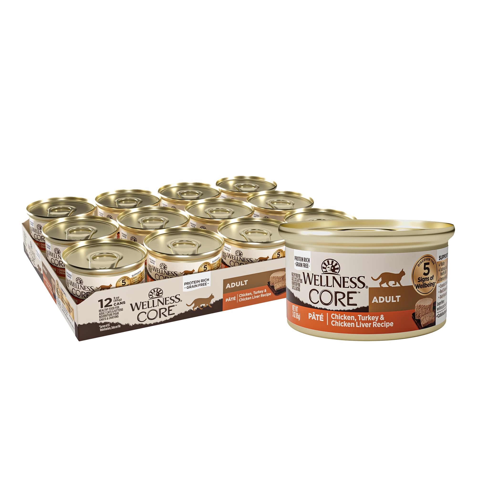 Wellness CORE Pate cat food cans on display with high-protein formula.