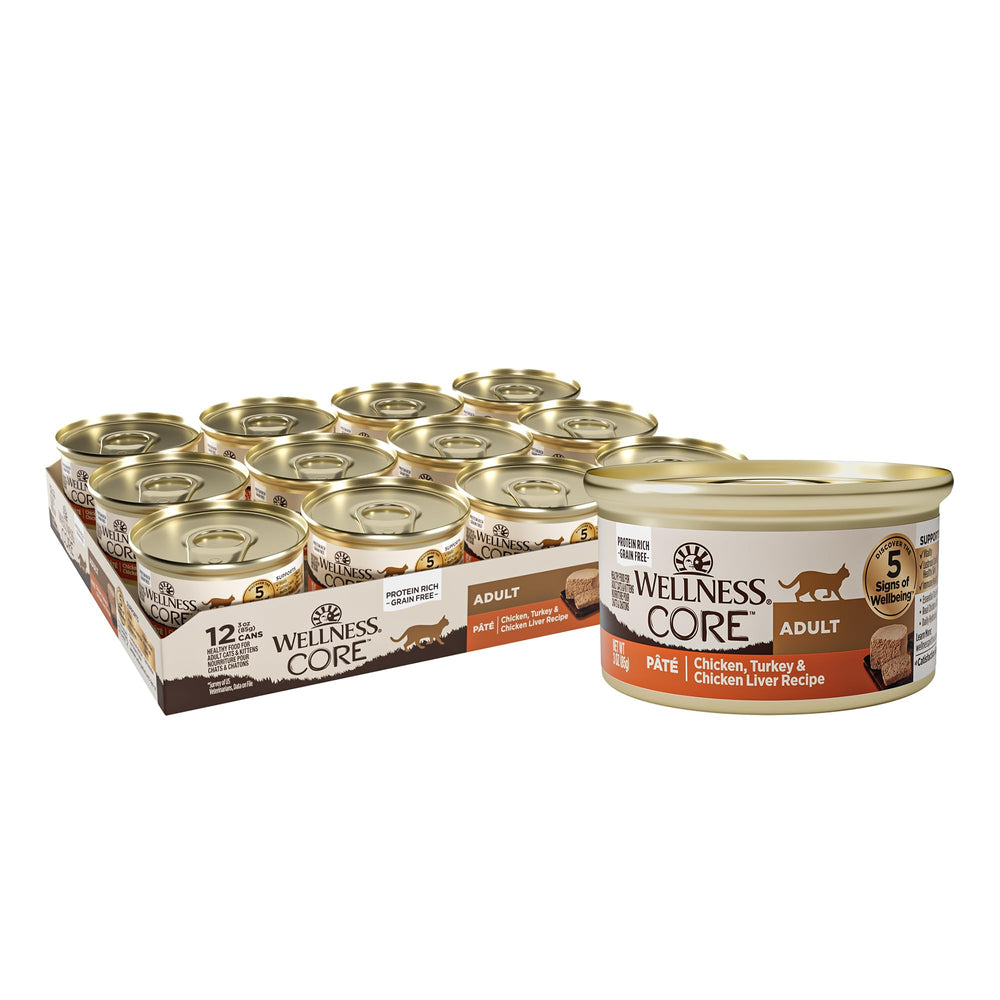 Wellness CORE Pate cat food cans on display with high-protein formula.