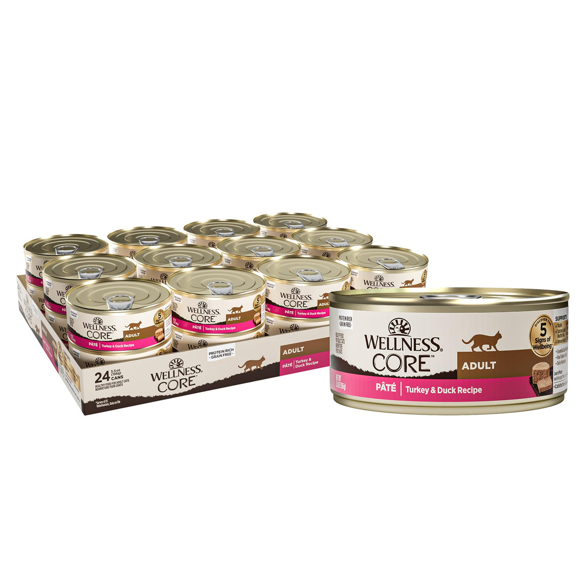 Wellness Core pate adult cat food turkey and duck in a 5.5oz can pack of 12, protein-rich.