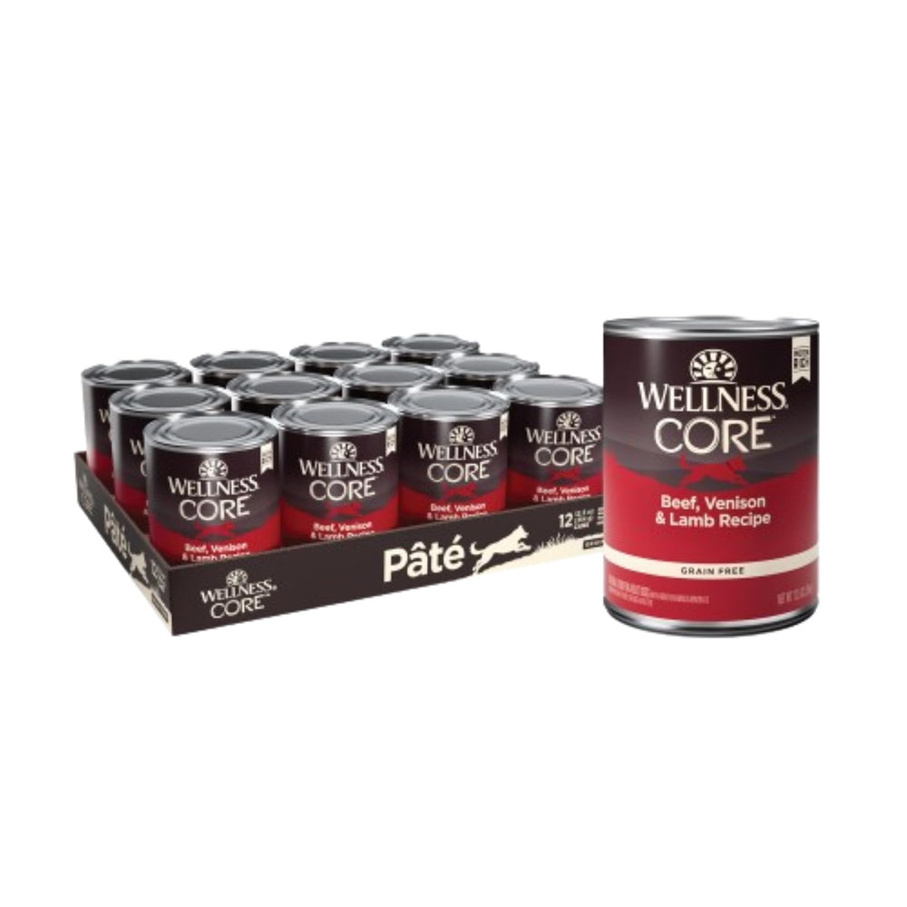 Wellbeing CORE Pate adult wet dog food can highlights grain-free protein for lean muscle support