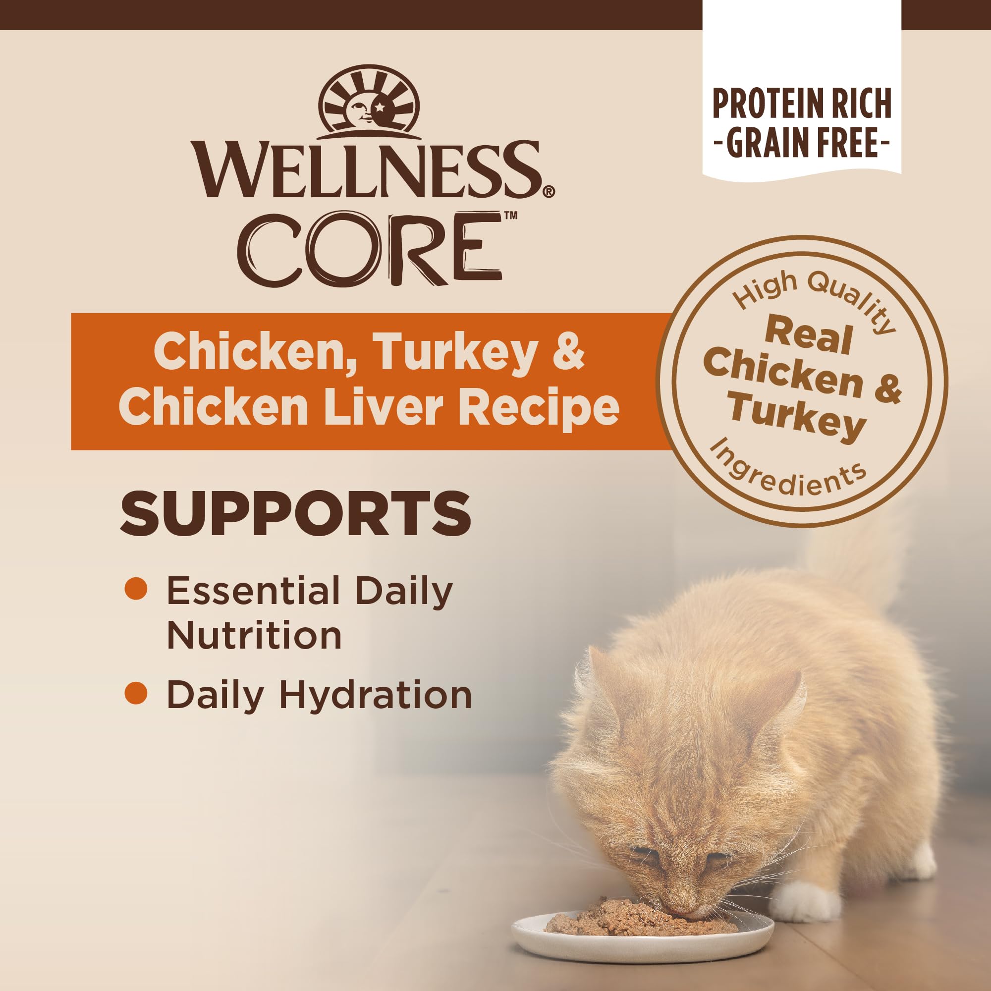 Wellness CORE+ Pate chicken-turkey-liver ingredients image—grain-free real-meat nutrition.