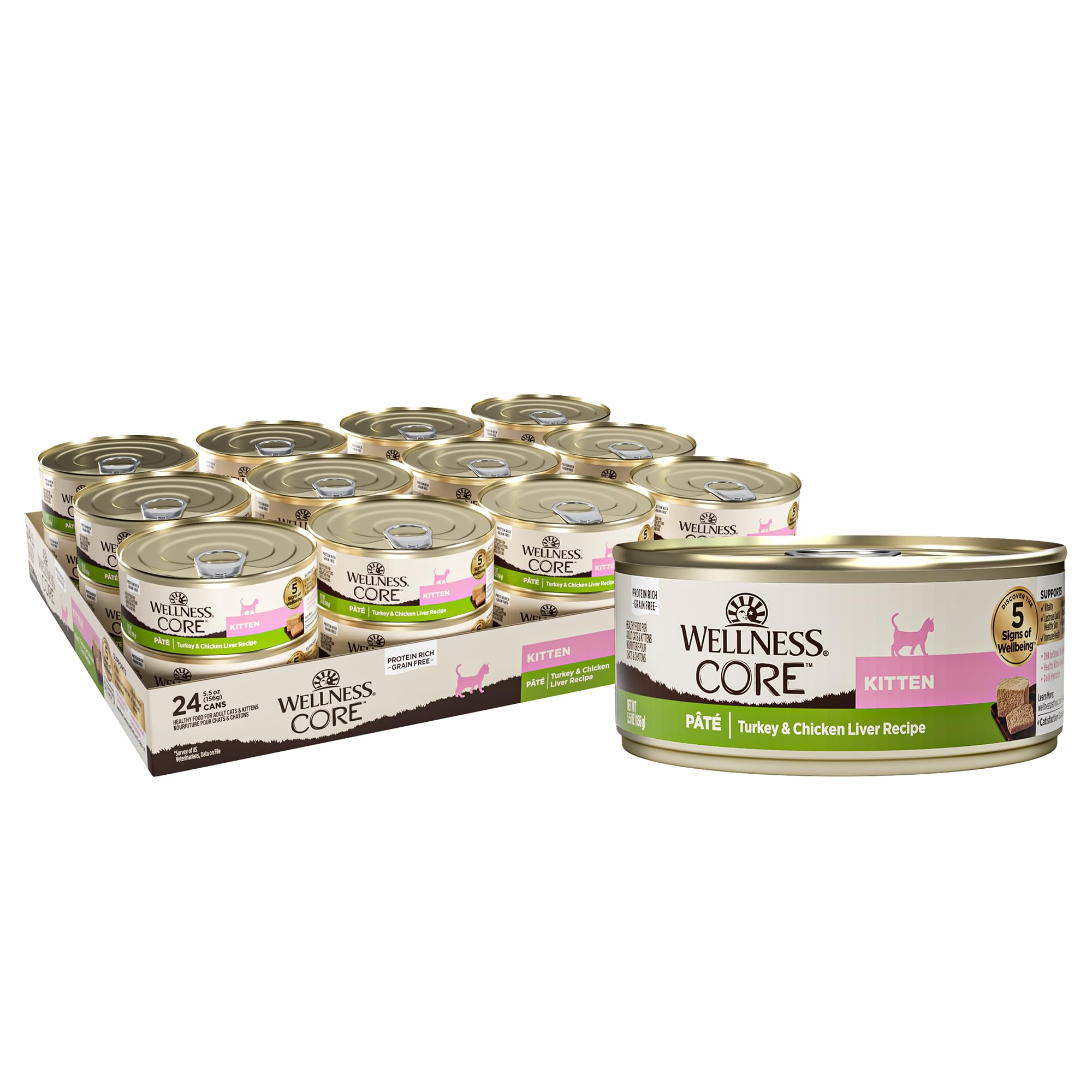 Wellness CORE Pate Kitten can featuring chicken, turkey, and liver for protein-rich nutrition.