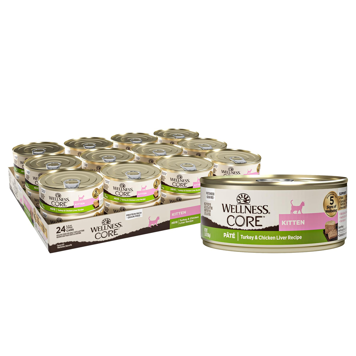 Wellness CORE Pate Kitten can featuring chicken, turkey, and liver for protein-rich nutrition.