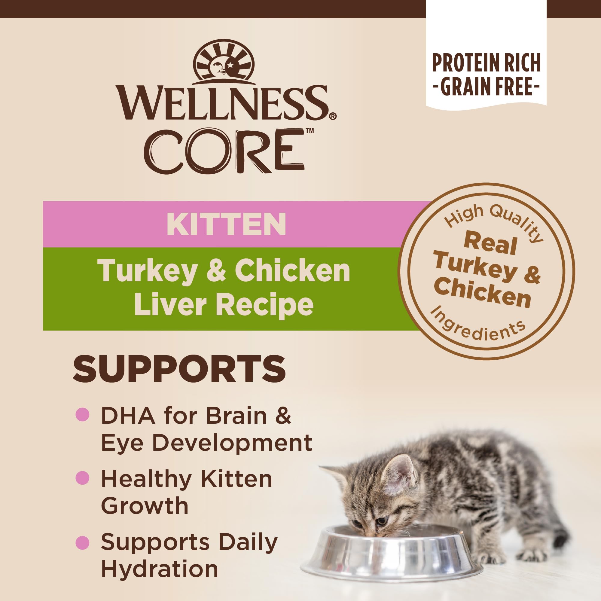 Wellness CORE Pate Kitten grain-free formula with no corn wheat or soy.