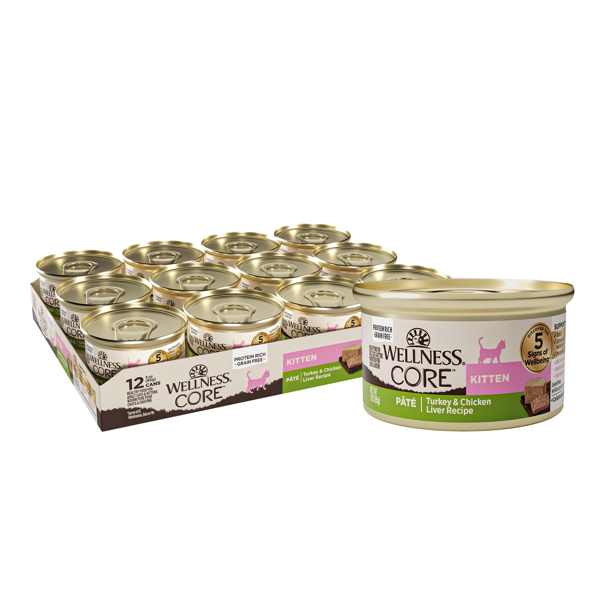 Wellness Core kitten pate cans featuring turkey and chicken liver for a protein-rich meal.