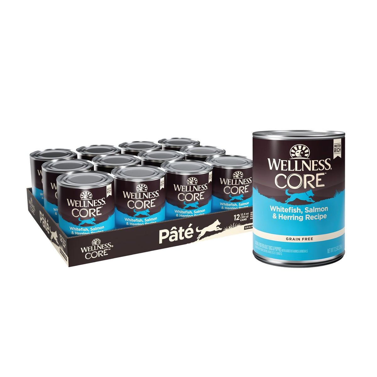 Wellness CORE Pate wet dog food pour highlights rich protein for appetizing meals