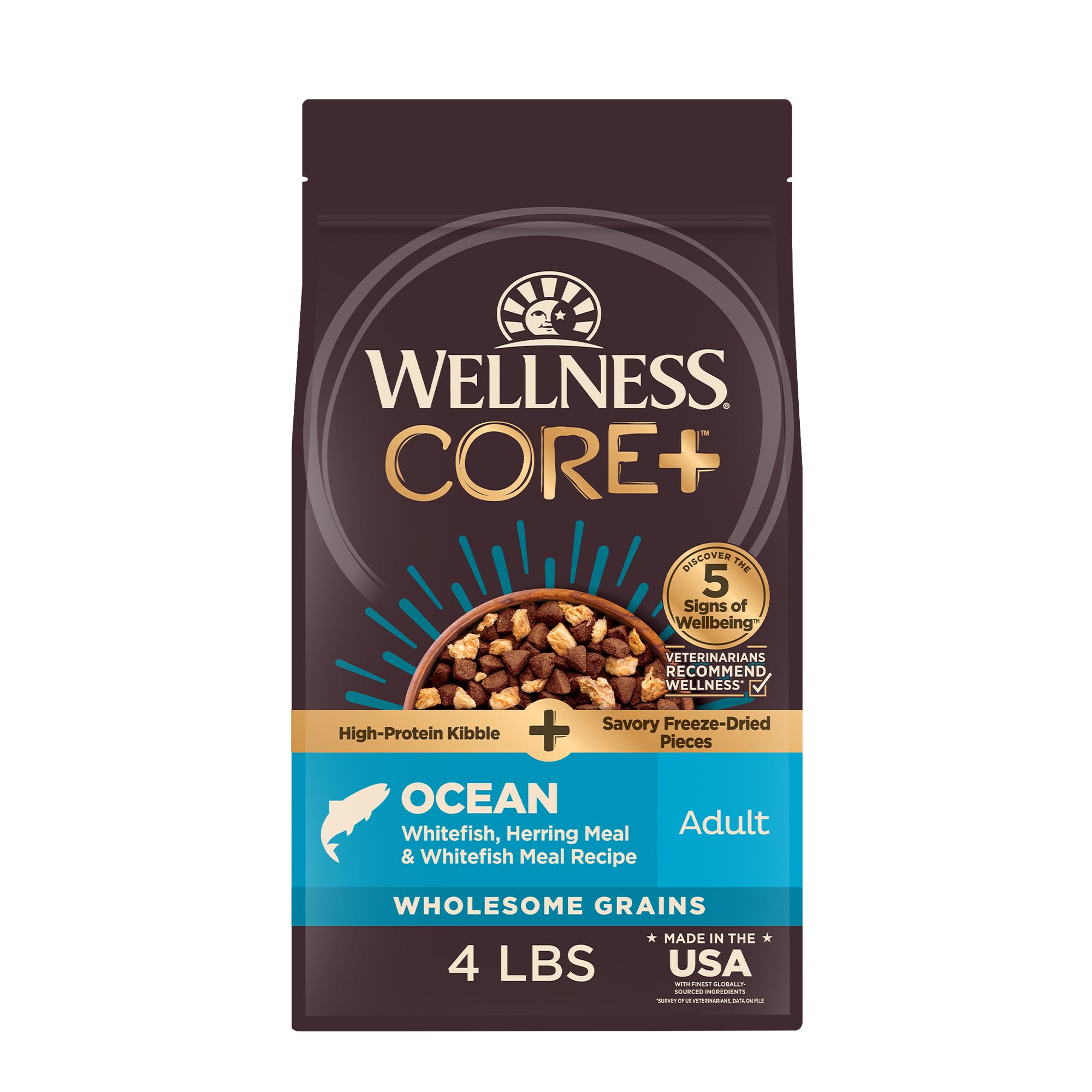 Wellness CORE+ adult dog food kibble-bowl: protein-packed nutrition and crunchy texture