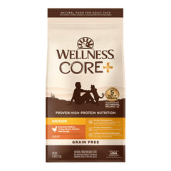 Wellness CORE+ dry cat food bag shows grain-free nutrition for indoor cats.