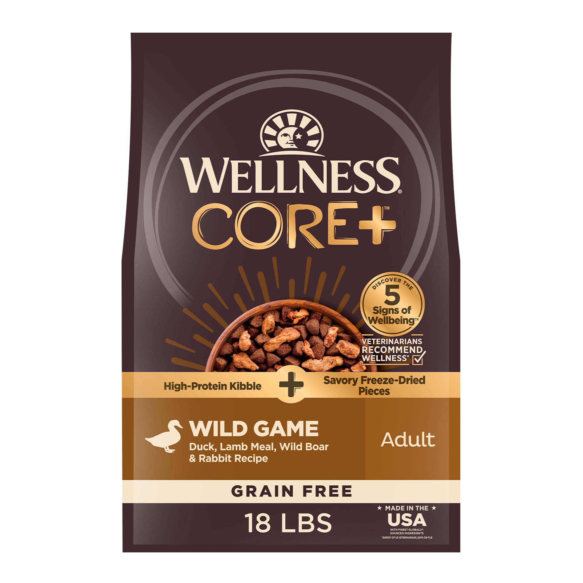 Wellness CORE+ adult dry dog food bag displaying grain-free formula for balanced energy.