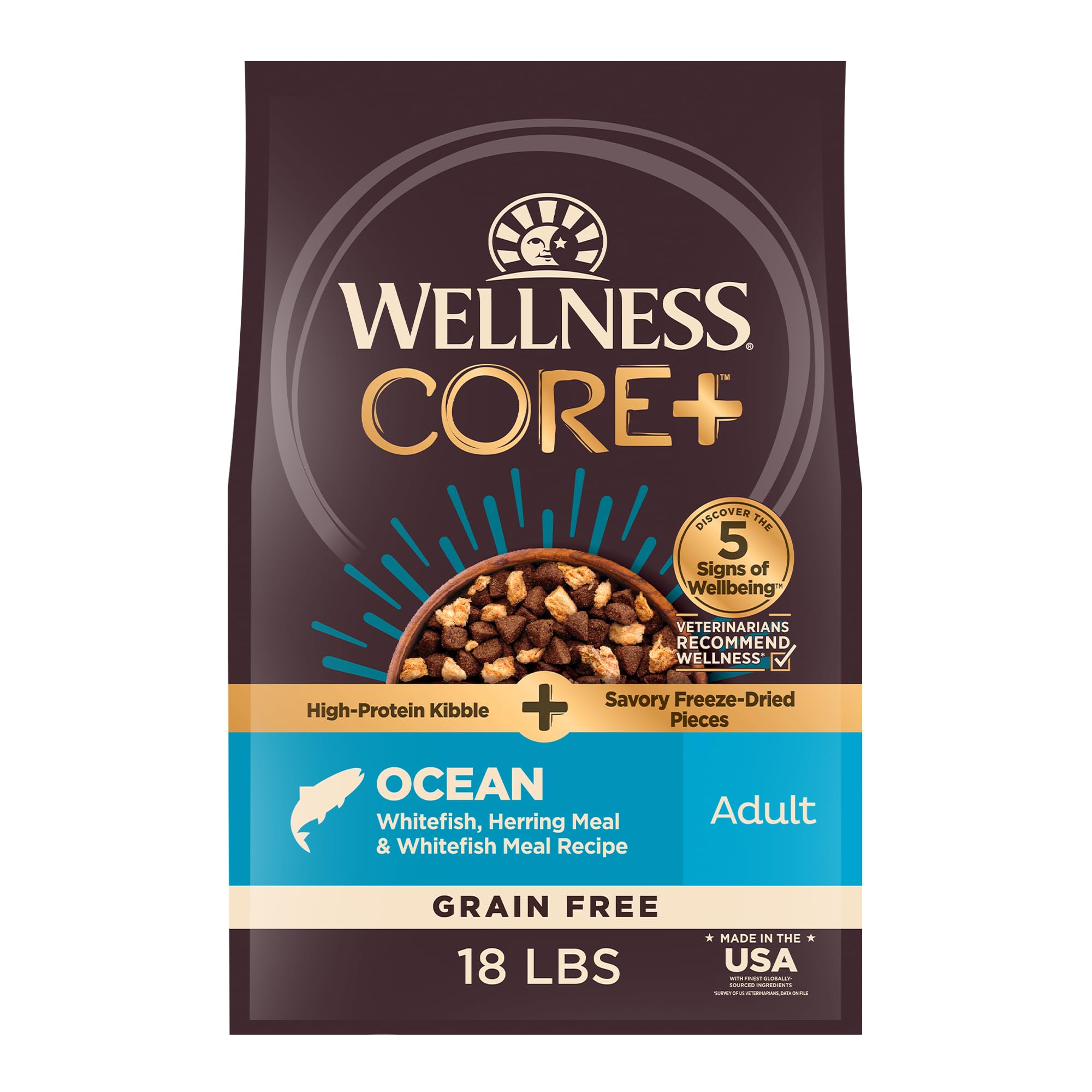Wellness CORE+ Adult Dry Dog Food bag showing grain-free formula for lean muscle support