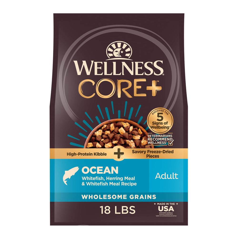 Wellness CORE+ adult dog food bag shows a chicken-free formula for lean protein.