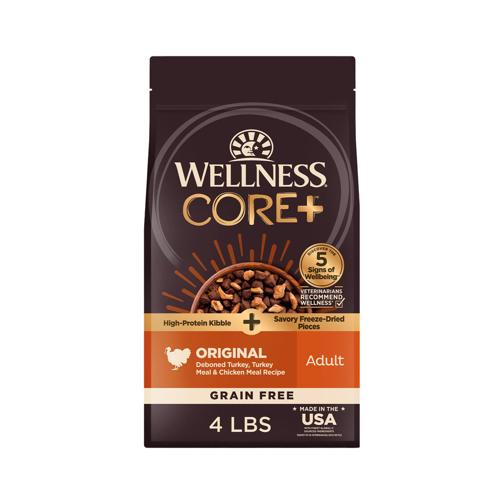 Wellness CORE+ adult dry dog food bag showing grain-free formula for protein-rich meals.