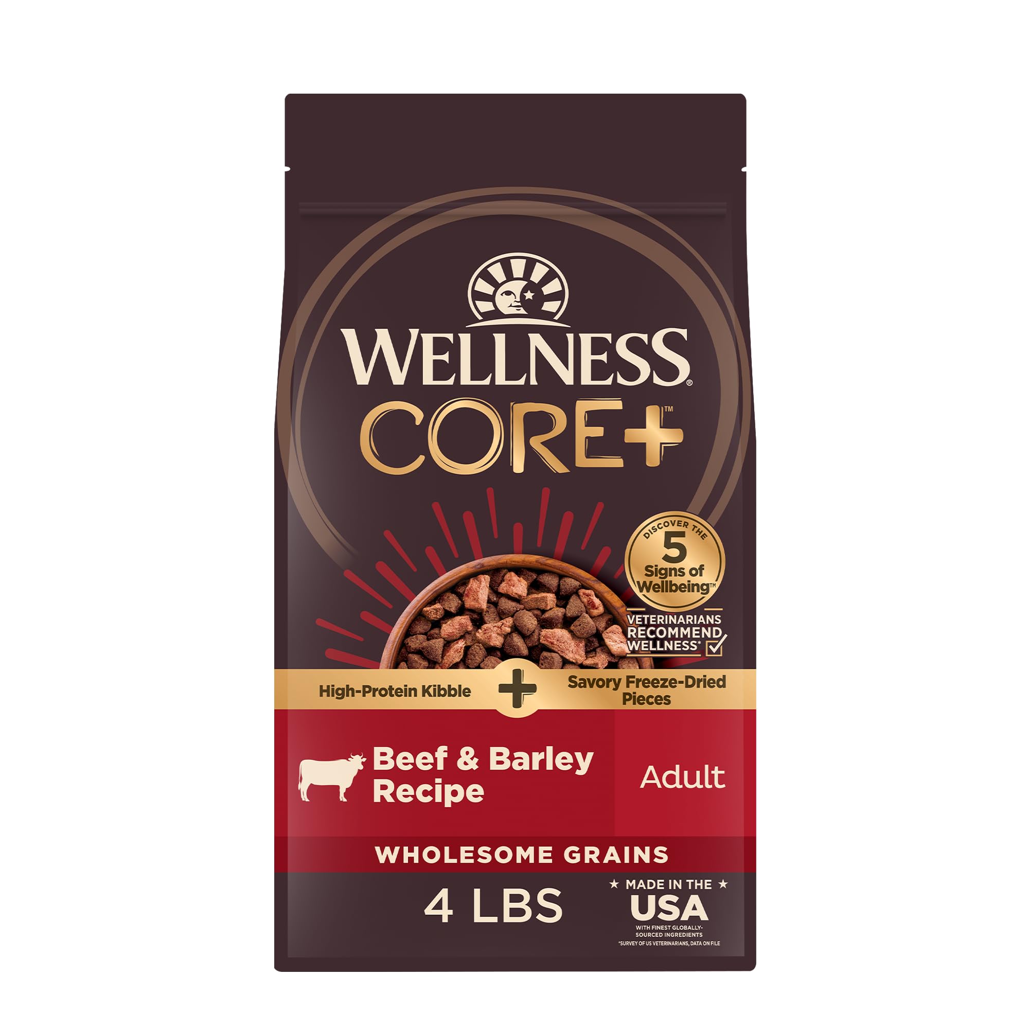 Wellness CORE+ beef-barley kibble in a bowl for balanced protein-rich meals.