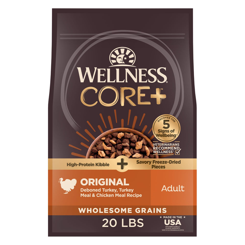 Wellness CORE+ dog food bag front shows premium natural ingredients.