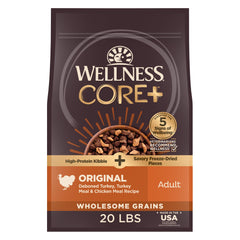 Wellness CORE+ dog food bag front shows premium natural ingredients.