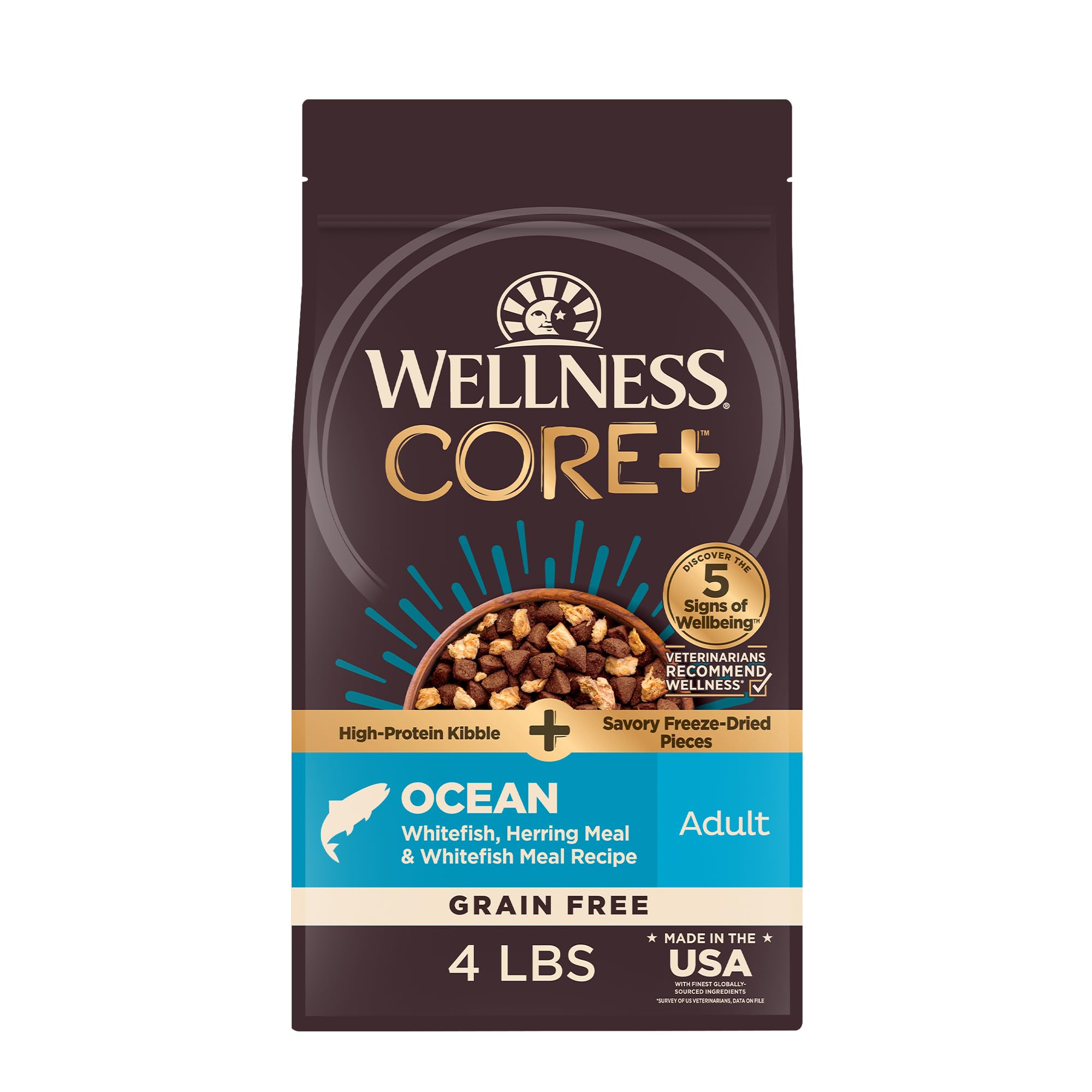 Wellness CORE+ dry dog food bag showcasing grain-free formula for protein-rich meals.