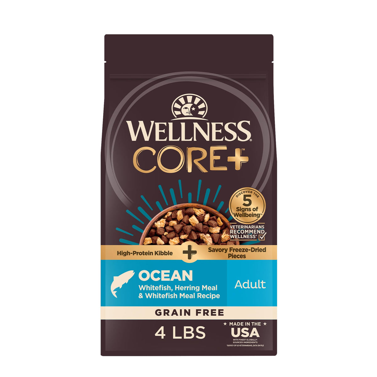 Wellness CORE+ dry dog food bag showcasing grain-free formula for protein-rich meals.
