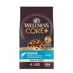 Wellness CORE+ dry dog food bag showcasing grain-free formula for protein-rich meals.