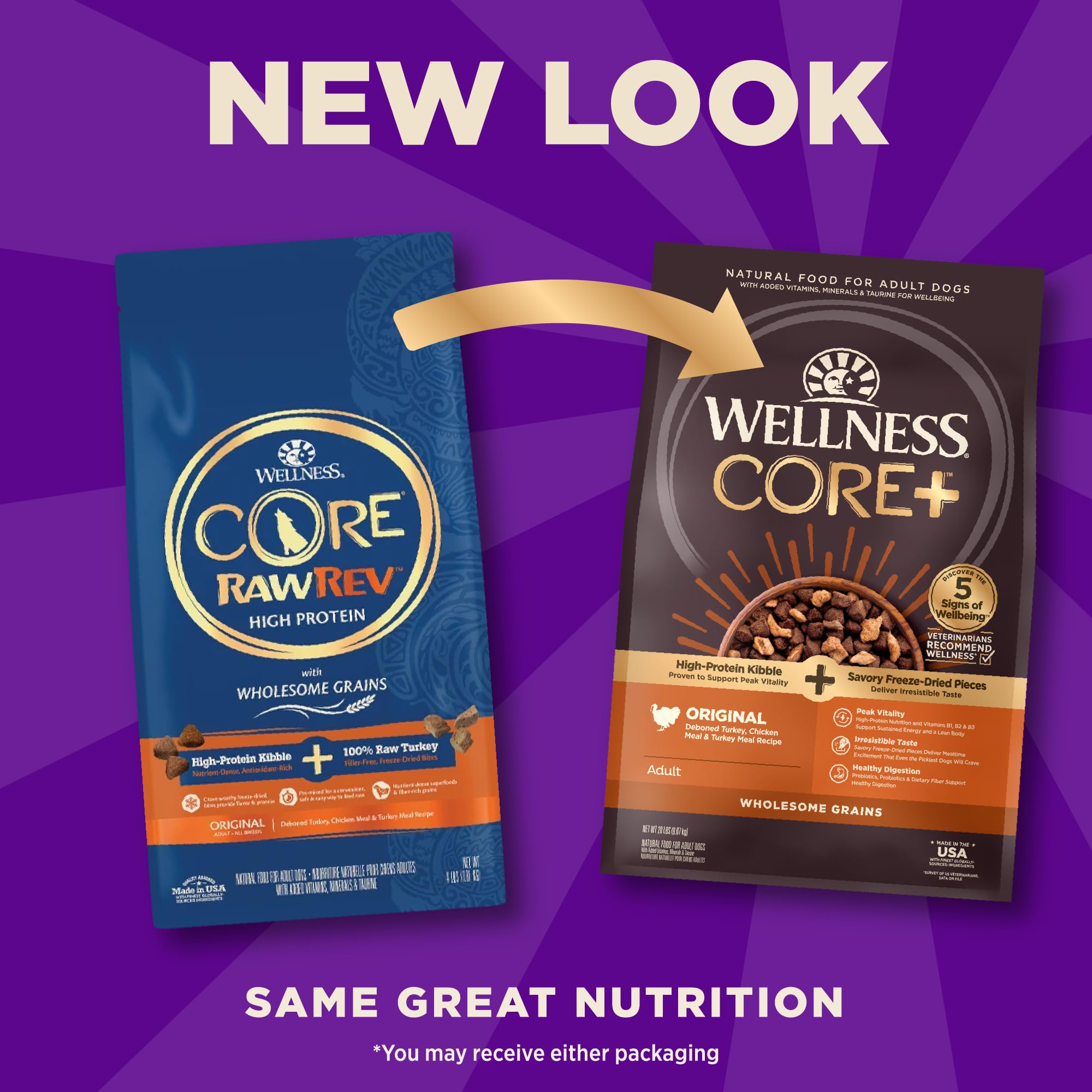 Close-up of Wellness CORE+ freeze-dried turkey pieces emphasizes pure meat enrichment.