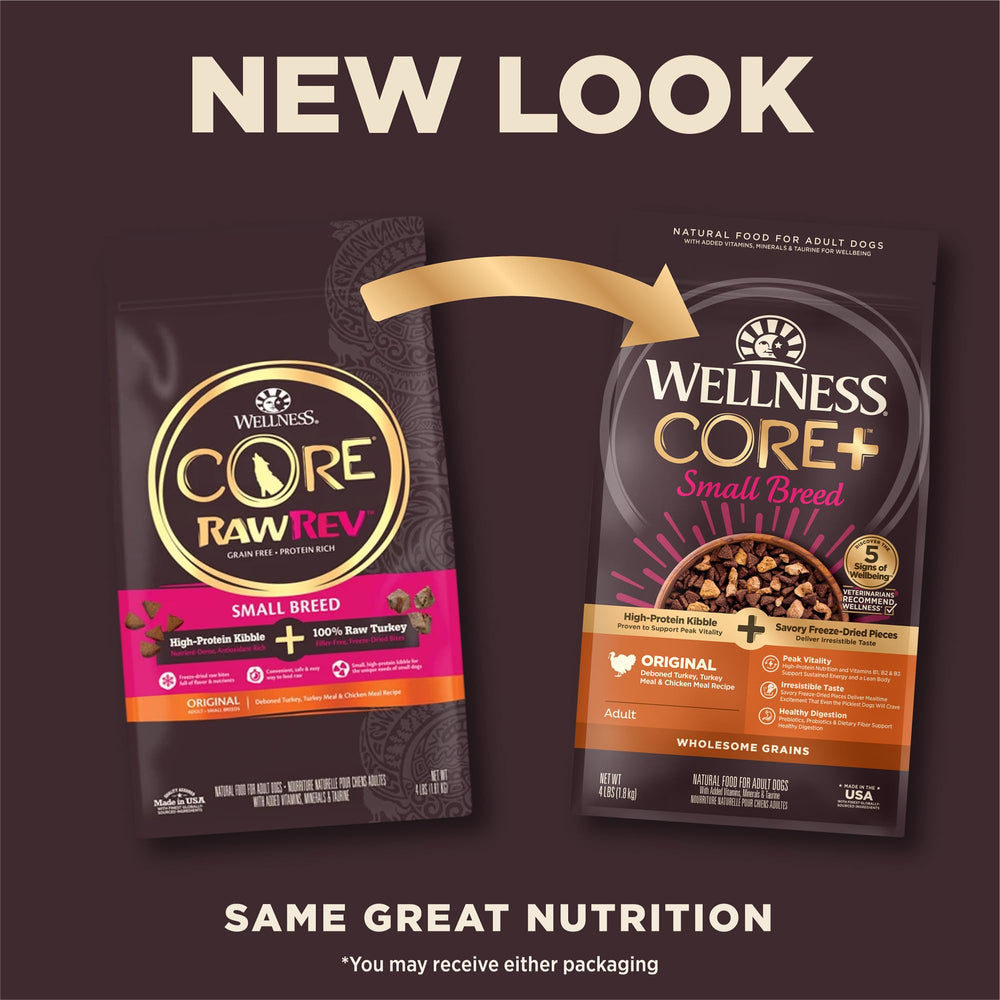 Wellness CORE+ freeze-dried turkey pieces add texture and protein variety