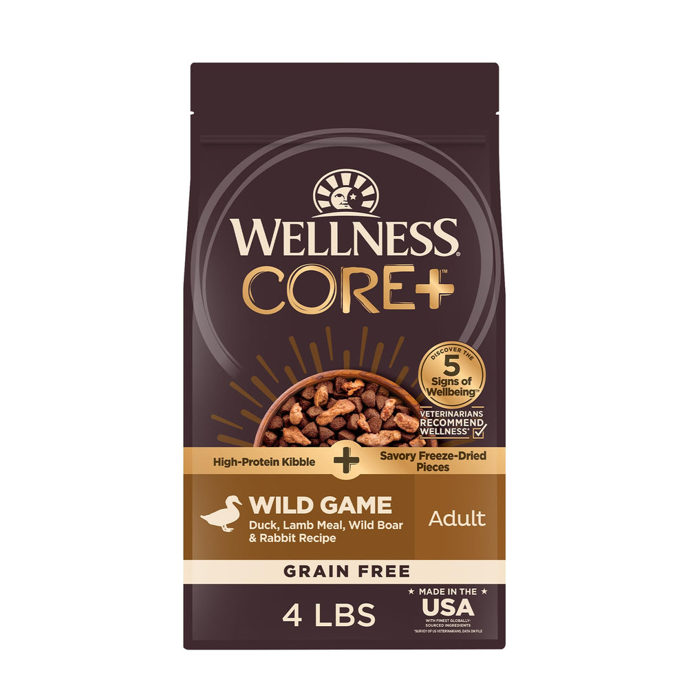Wellness CORE+ grain-free dry dog food bowl showing a protein-rich meal for adults