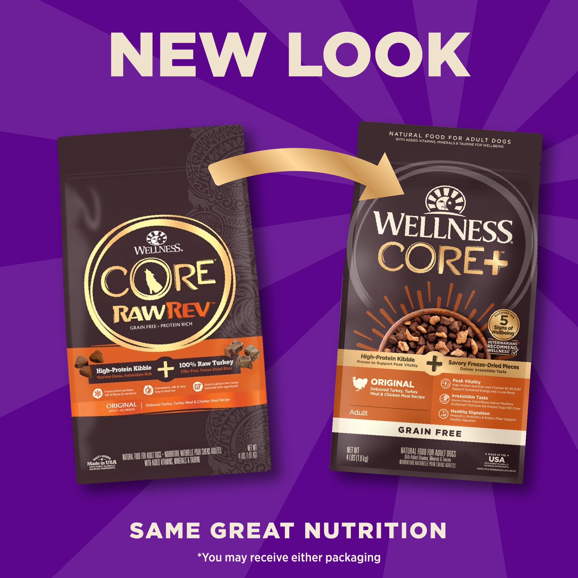Wellness CORE+ grain-free kibble in bowl supports lean muscle and digestion.