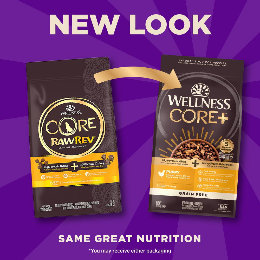Wellness CORE+ Grain-Free Kibble image highlights high-protein nutrition without grains.
