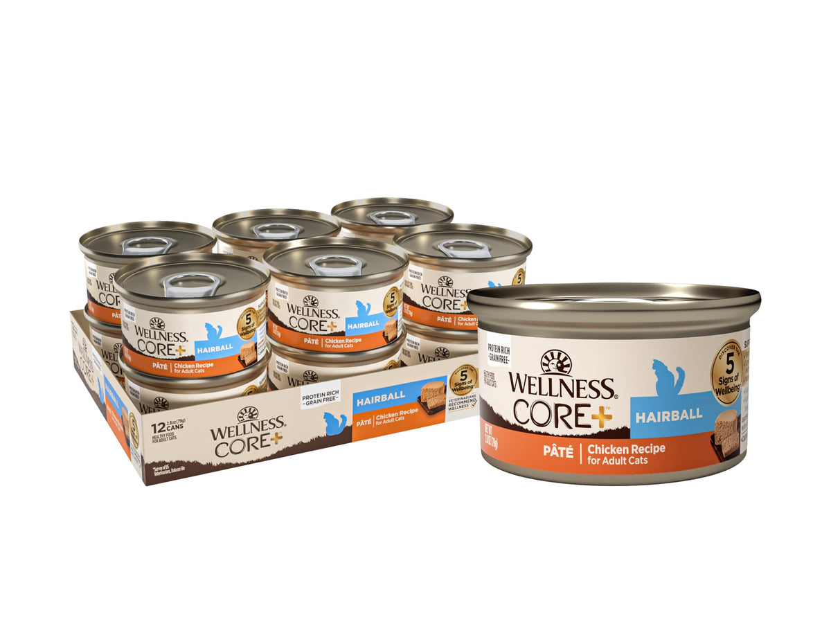 Wellness CORE+ Hairball Pate can closeup showing protein-rich formula for hairball support.