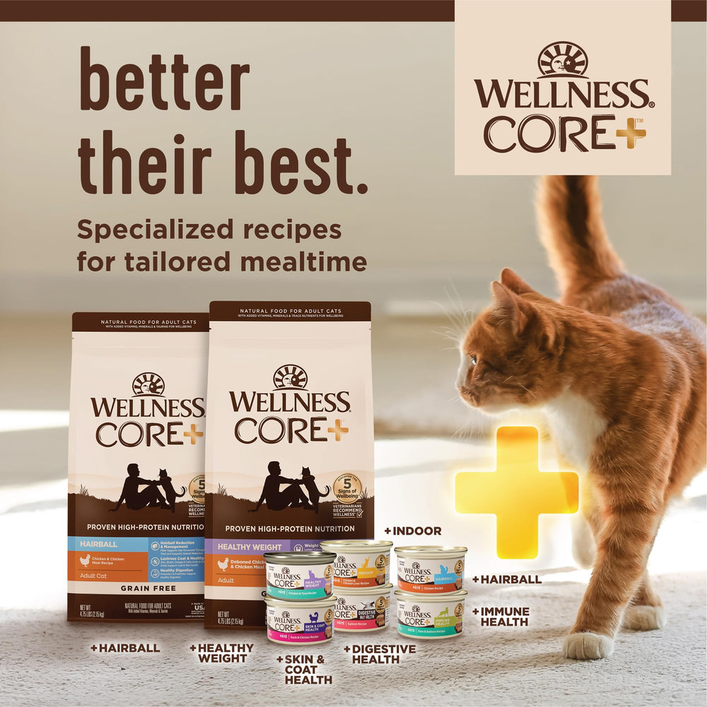 Wellness CORE+ Hairball Pate can side view shows easy-to-dispense portion.