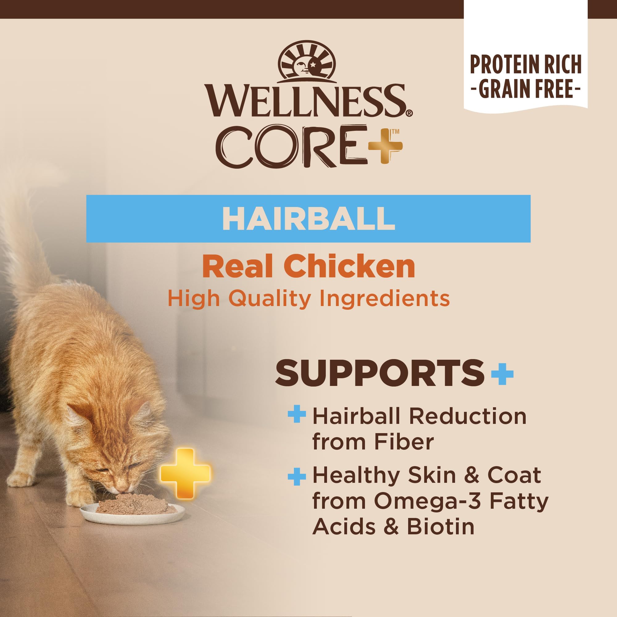 Wellness CORE+ Hairball Pate pour serving demonstrates convenient texture for daily hydration.