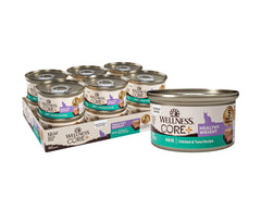 Wellness CORE+ Healthy Weight pate can front highlighting protein-rich recipe for cats.