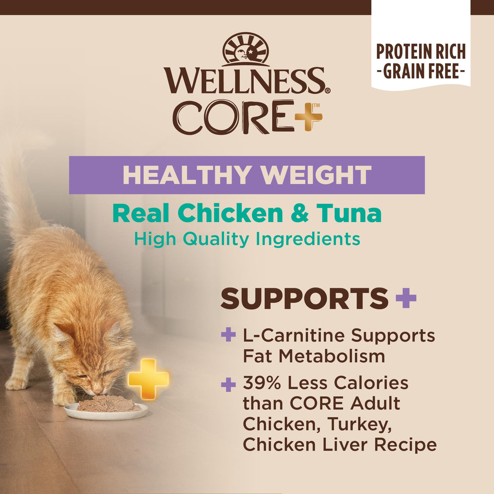 Wellness CORE+ pate ingredients image shows chicken and tuna for balanced feline nutrition.