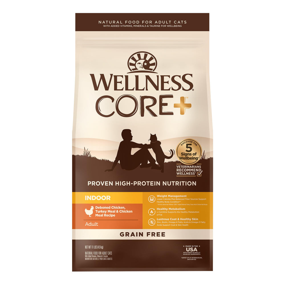 Wellness CORE+ indoor cat kibble turkey chicken for lean muscle and daily energy.