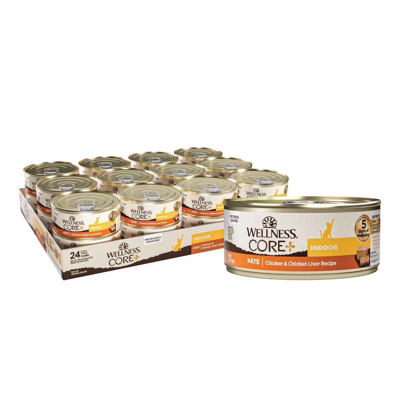 Wellness CORE+ Indoor Pate can label, premium protein source.