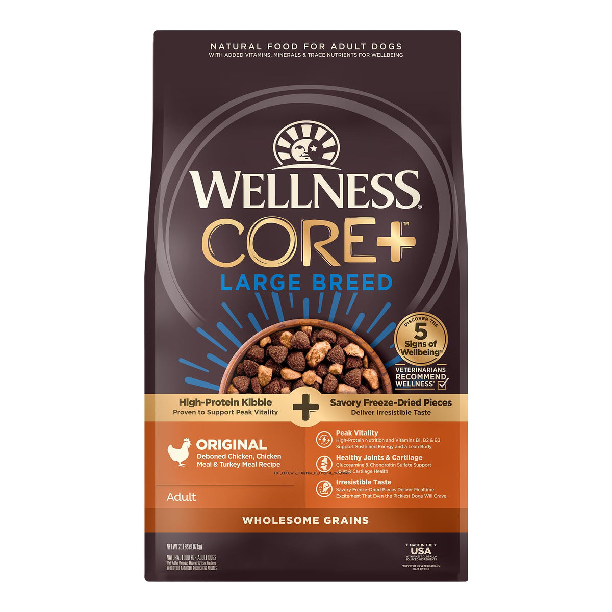 Wellness CORE+ Large Breed kibble close-up, protein-rich formula for lean muscle support.