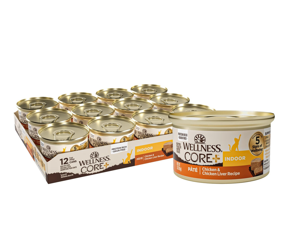 Wellness CORE+ Pate Indoor Chicken bowl shows rich texture for weight-conscious indoor cats.