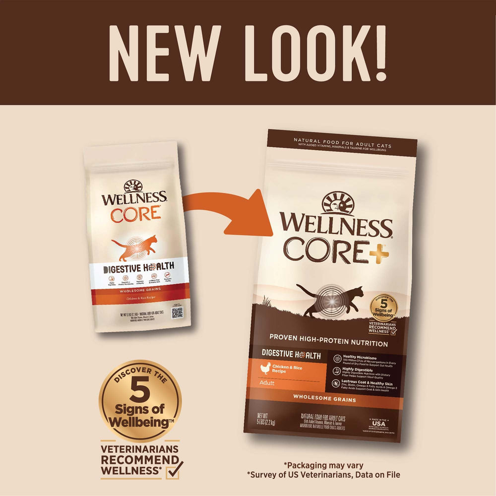 Wellness CORE+ probiotic-coated kibble supports gut balance.