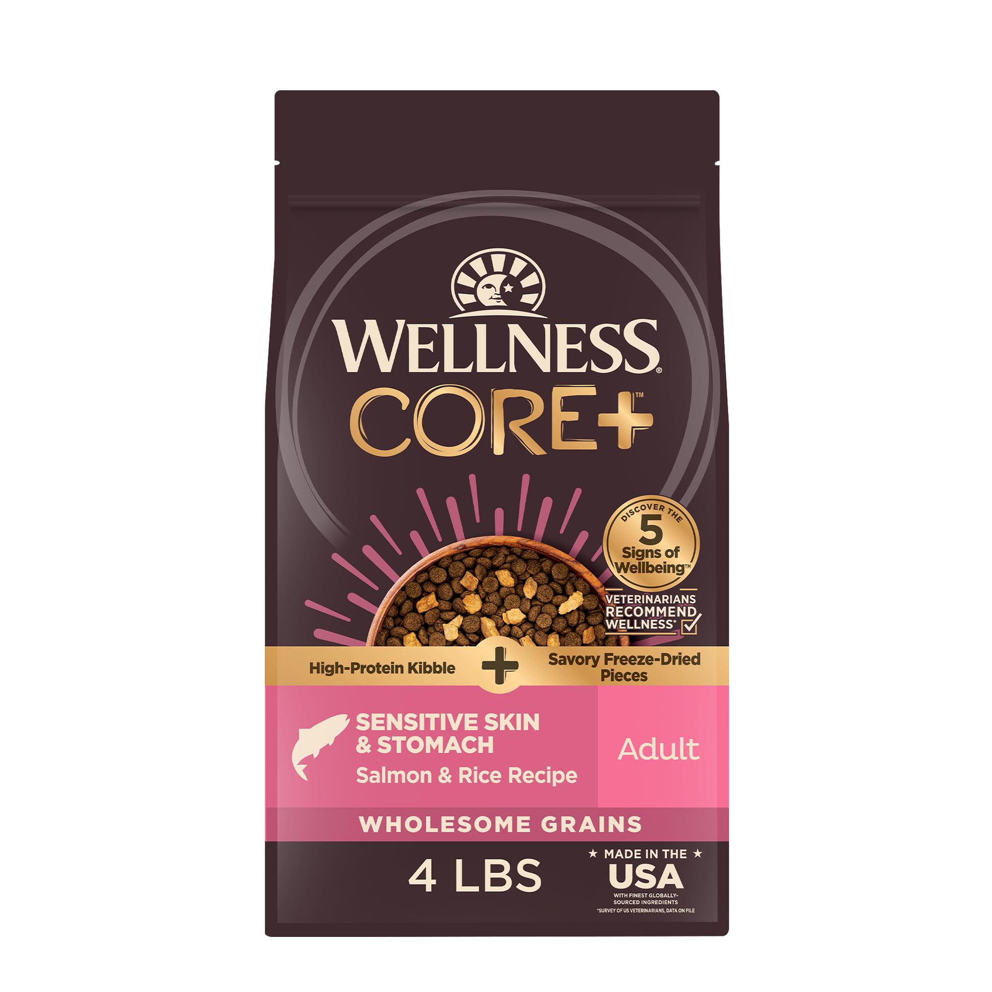 Wellness CORE+ salmon freeze-dried pieces on kibble support sensitive stomachs