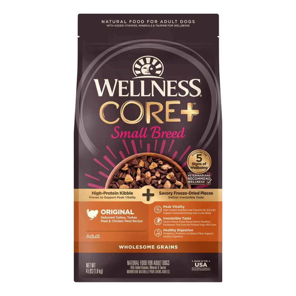 Wellness CORE+ small-breed kibble with turkey and chicken for balanced nutrition